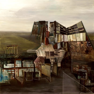 This artwork is a response to the transition of landscape environment over time. The artist watched new homes replace forests and fields in his home town. Recently moving to Brooklyn, New York he sees an ever changing landscape which there is not one square inch of unaltered land. In addition to subject matter these works play with formal ideas that address ways of seeing. He uses elements of Paint, photographs he has taken of his environment, photos of paint, and paintings of photos within his work to physical construct the painting and the structure. Since he constructs the structure with materials he would say the paintings are not just illusions of structures but rather structures in themselves. 